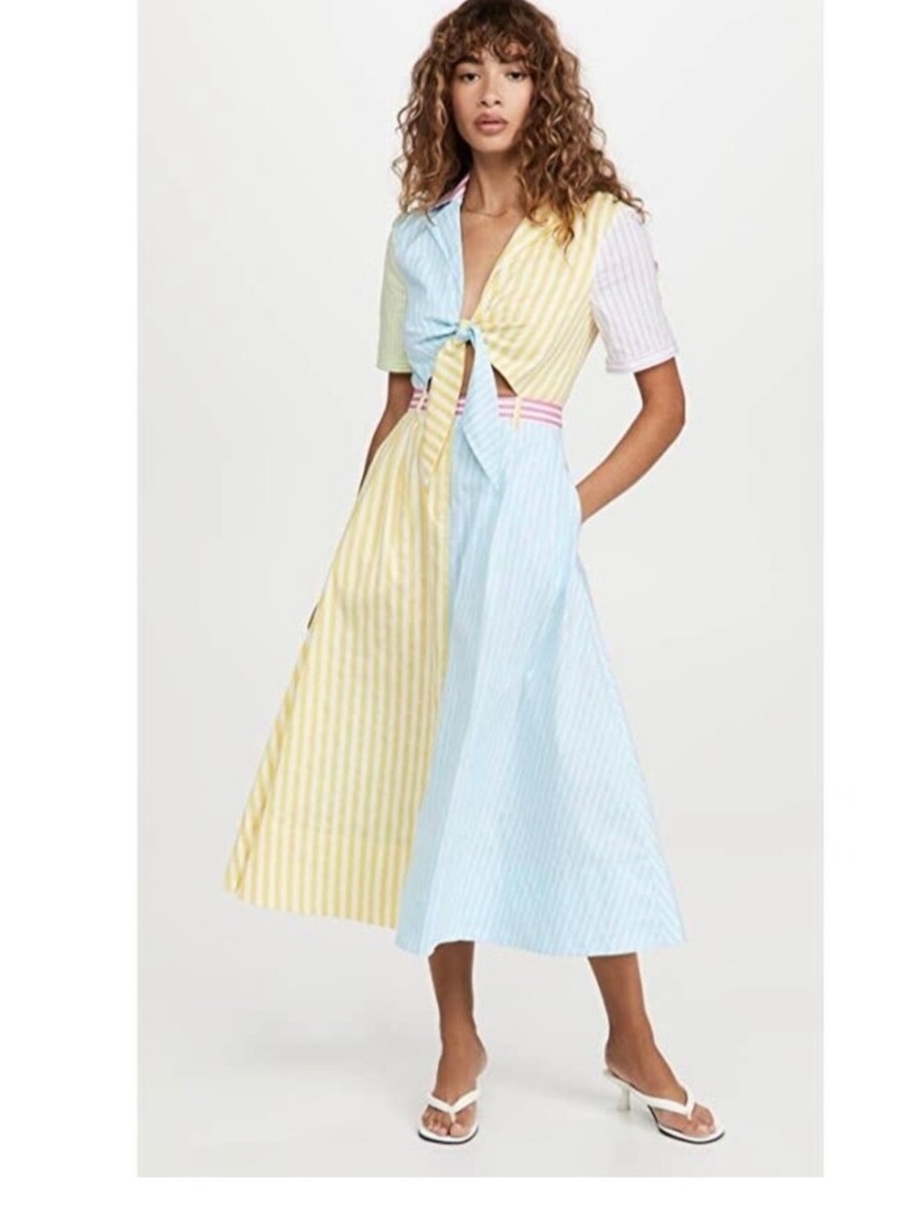 STAUD Georgiana Pastel Striped Tie-Front Midi Dress in Yellow, Blue & Pink Sz 2